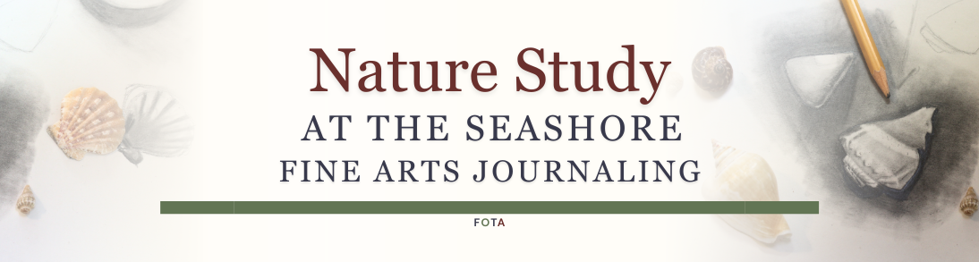 Nature Study at the Sea Shore Drawing Course Icon with pencil drawn and real shells, green, blue, red and yellow colors and heading.