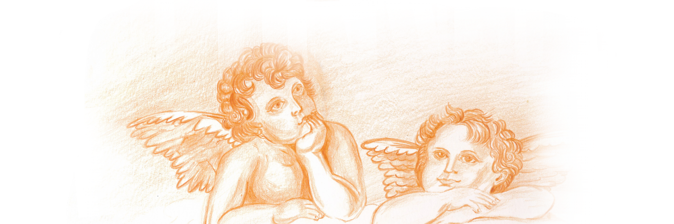 Two cherubs drawn in warm orange pencil
