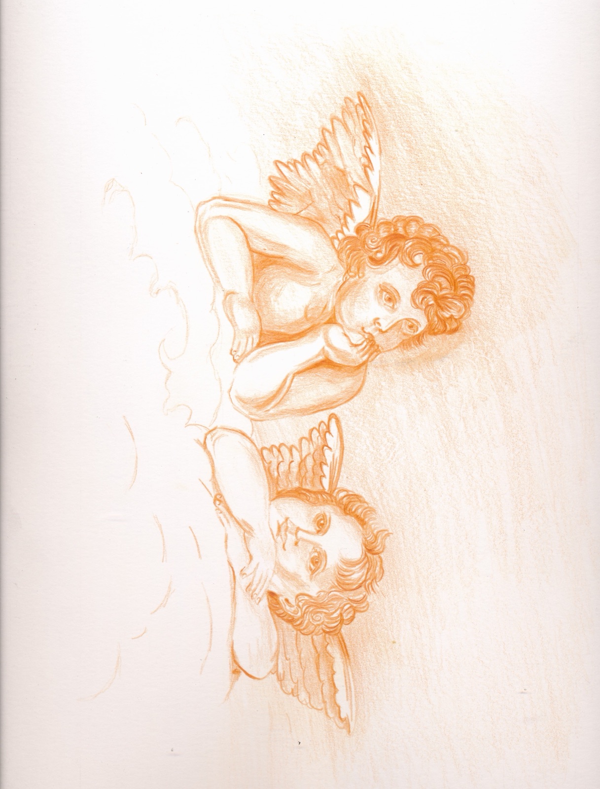 Two cherubs drawn in warm orange pencil