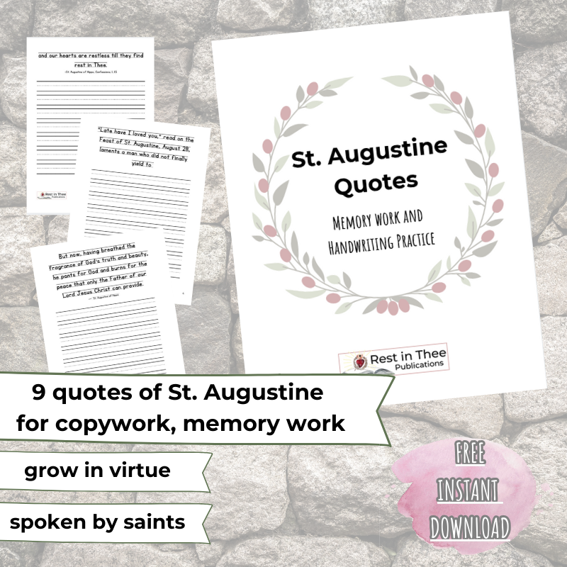 St. Augustine Copywork - Woo Commerce Shop Image Graphic with text, banners, and worksheet images free homeschool resources