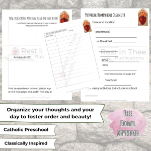 Catholic Preschool Homeschool Organizer and Schedule Woo Commerse Shop Ico with Text and Banners homeschool resources